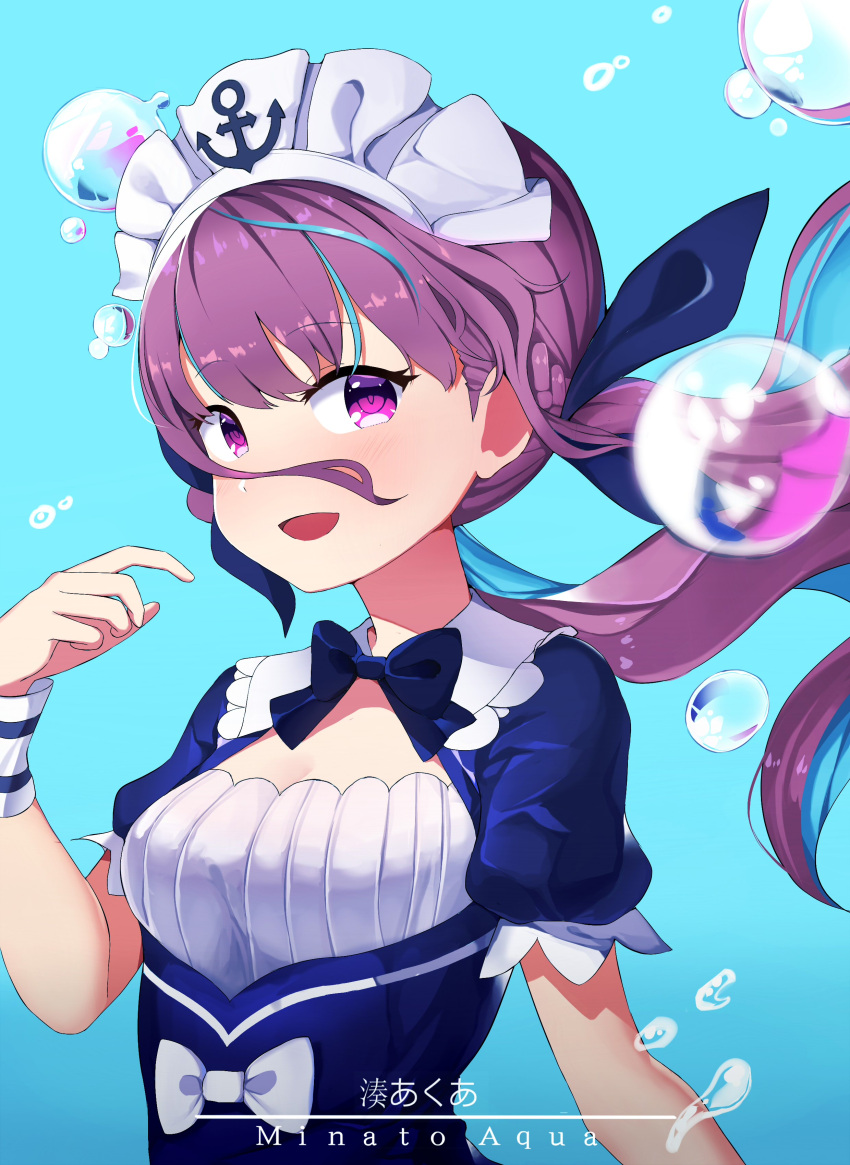 1girl :d absurdres bangs blue_background blue_dress blue_hair blue_neckwear blue_ribbon bow bowtie braid breasts bubble character_name collared_dress commentary_request dress eyebrows_visible_through_hair hair_ribbon hand_up highres hololive long_hair looking_at_viewer minato_aqua multicolored_hair open_mouth puffy_short_sleeves puffy_sleeves purple_hair ribbon short_sleeves simple_background small_breasts smile solo trap_(drthumt) twintails two-tone_hair upper_body violet_eyes virtual_youtuber water_drop white_bow wristband