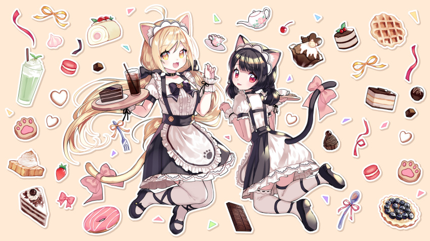 2girls :d ahoge animal_ear_fluff animal_ears apron bangs black_bow black_footwear black_hair black_skirt blonde_hair bow brown_background cake cat_ears cat_girl cat_tail center_frills commentary commission cup doughnut drink drinking_glass drinking_straw eyebrows_visible_through_hair food frilled_apron frills fruit hands_up highres holding holding_tray long_hair low_twintails maid mechuragi multiple_girls open_mouth original outline pink_bow plate puffy_short_sleeves puffy_sleeves red_eyes saucer shirt shoe_soles shoes short_sleeves skirt smile spoon strawberry swiss_roll tail tail_bow teacup teapot thigh-highs tray twintails very_long_hair waffle waist_apron white_apron white_legwear white_outline white_shirt yellow_eyes