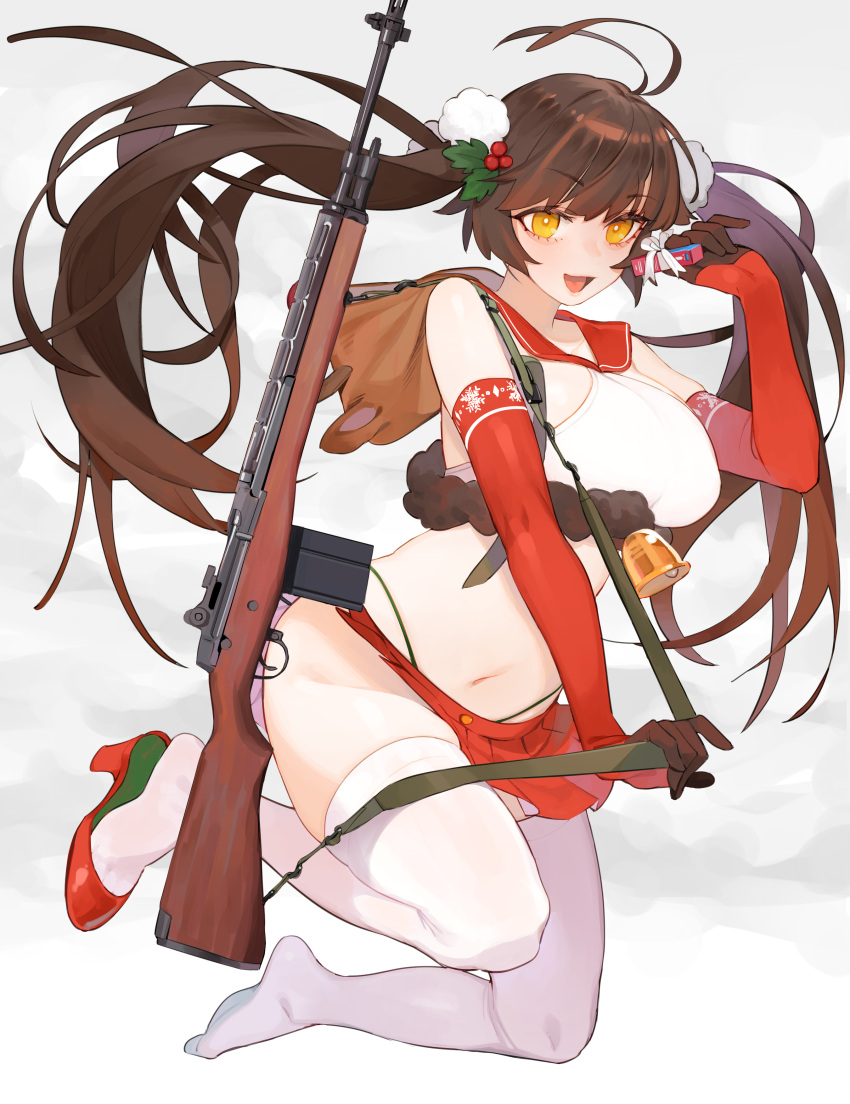 1girl absurdres alternate_costume antenna_hair bangs battle_rifle bell breasts brown_hair elbow_gloves eyebrows_visible_through_hair full_body girls_frontline gloves gun hair_ornament high_heels highres juz large_breasts long_hair looking_at_viewer m14 m14_(girls_frontline) miniskirt navel open_mouth red_footwear red_gloves red_skirt rifle sailor_collar shoes single_shoe skindentation skirt solo thigh-highs twintails weapon white_legwear yellow_eyes