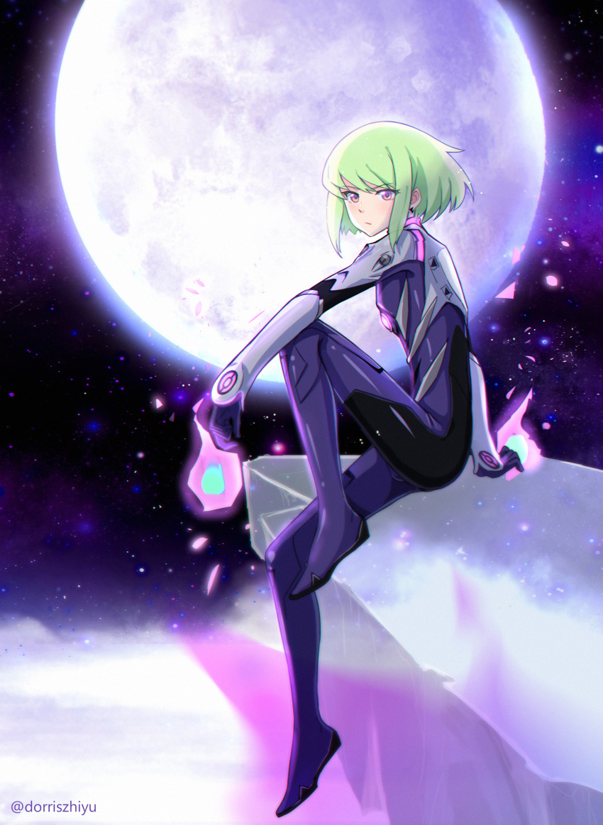 1boy absurdres blonde_hair dorris fire full_moon highres lio_fotia male_focus moon neon_genesis_evangelion petals plugsuit promare rock sitting sky star_(sky) starry_sky violet_eyes