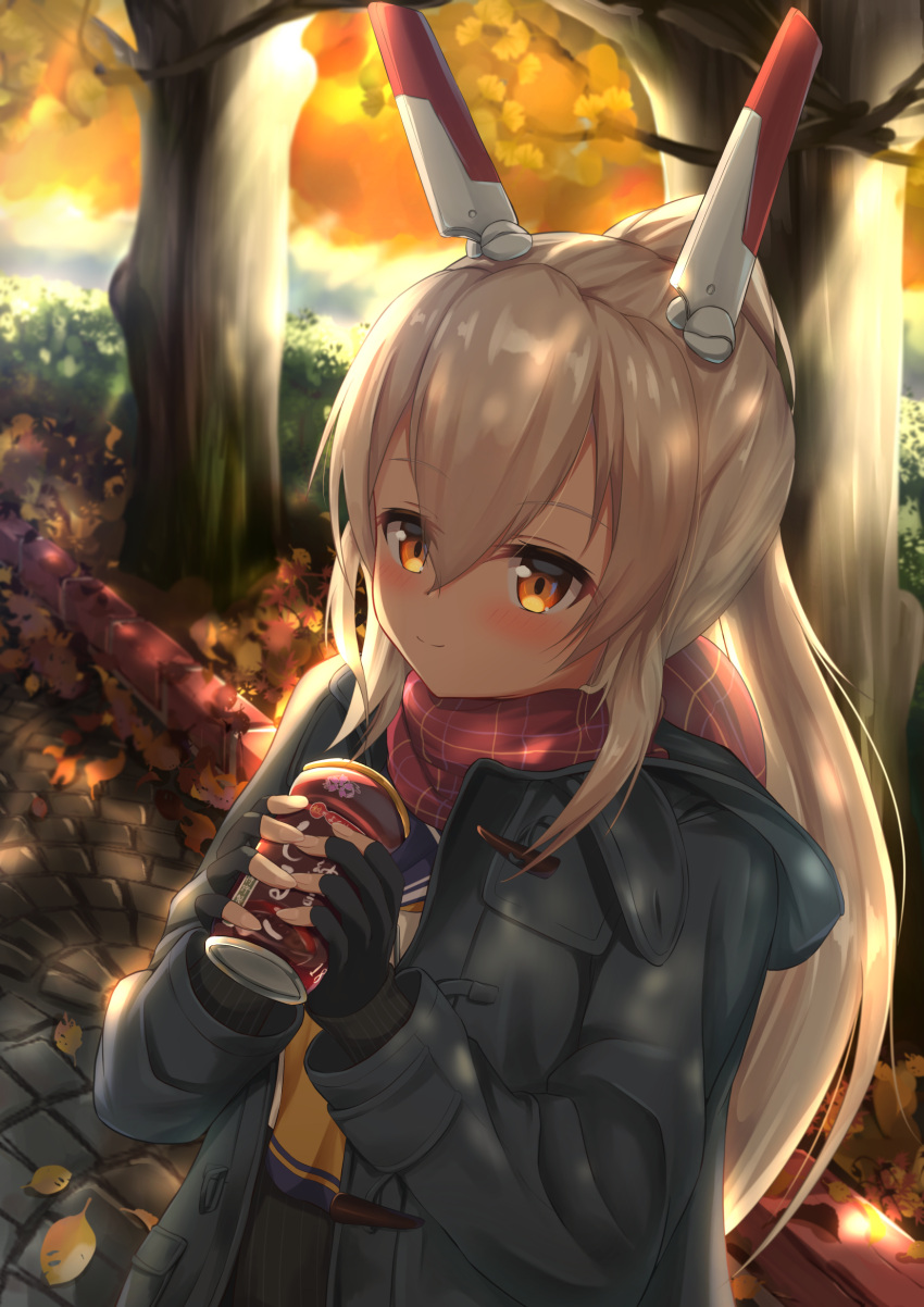 1girl alternate_costume autumn autumn_leaves ayanami_(azur_lane) azur_lane bangs black_gloves blonde_hair blush can closed_mouth commentary_request eyebrows_visible_through_hair fingerless_gloves gloves hair_between_eyes headgear highres holding holding_can jacket long_hair long_ponytail long_sleeves looking_at_viewer misomiso_154 neckerchief plaid plaid_scarf ponytail red_scarf scarf sidelocks smile solo standing tree yellow_eyes yellow_neckwear