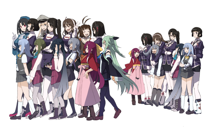 6+girls absurdres antenna_hair ashigara_(kantai_collection) bangs beret bismarck_(kantai_collection) black_hair black_legwear blonde_hair blue_hair blush boots breasts brown_hair closed_eyes cross-laced_footwear crossed_arms detached_sleeves dress fang from_side full_body gloves gradient_hair green_hair grey_hair grey_legwear haguro_(kantai_collection) hair_ornament hairband hakama hat hatsukaze_(kantai_collection) hayashimo_(kantai_collection) highres japanese_clothes kamikaze_(kantai_collection) kantai_collection kasumi_(kantai_collection) kimono long_hair long_sleeves meiji_schoolgirl_uniform multicolored_hair multiple_girls myoukou_(kantai_collection) nachi_(kantai_collection) naka_(kantai_collection) one_eye_closed open_mouth pantyhose peaked_cap pencil_skirt pinafore_dress pink_hakama pleated_skirt ponytail purple_hair remodel_(kantai_collection) sailor_collar school_uniform serafuku short_hair short_sleeves side_ponytail simple_background skirt smile socks standing suspender_skirt suspenders sweat sweatdrop takanami_(kantai_collection) takao_(kantai_collection) tsuji_kazuho v vest walking white_background white_gloves white_legwear wide_sleeves yamakaze_(kantai_collection)