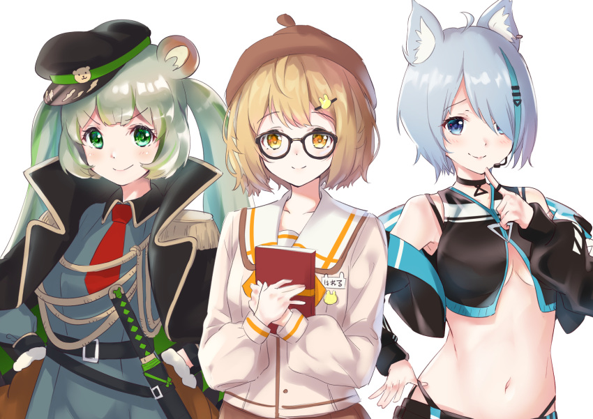 3girls alternate_costume alternate_hairstyle animal_ears animare beret blue_hair book breasts brown_hair glasses green_hair hanerilove hat highres hinokuma_ran inaba_haneru_(animare) looking_at_viewer military military_jacket military_uniform multiple_girls navel necktie sheath sheathed simple_background smile souya_ichika uniform weapon white_background