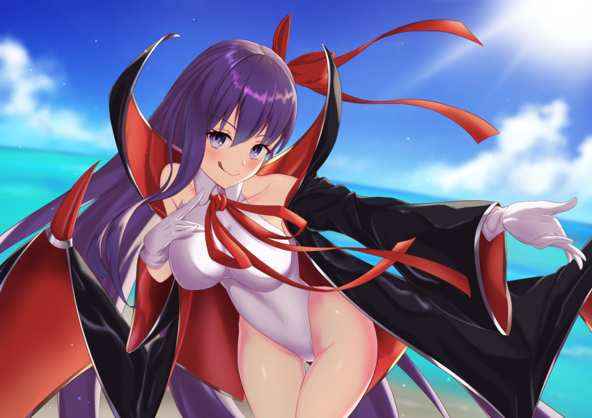 1girl bangs bare_shoulders bat_wings bb_(fate)_(all) bb_(swimsuit_mooncancer)_(fate) beach black_coat blush breasts closed_mouth coat cocoablue23 collarbone fate/grand_order fate_(series) gloves hair_ribbon highleg highleg_leotard large_breasts leotard licking_lips long_hair long_sleeves looking_at_viewer neck_ribbon open_clothes open_coat popped_collar purple_hair red_ribbon ribbon smile solo sunlight thighs tongue tongue_out vampire_costume very_long_hair violet_eyes white_gloves white_leotard wide_sleeves wings