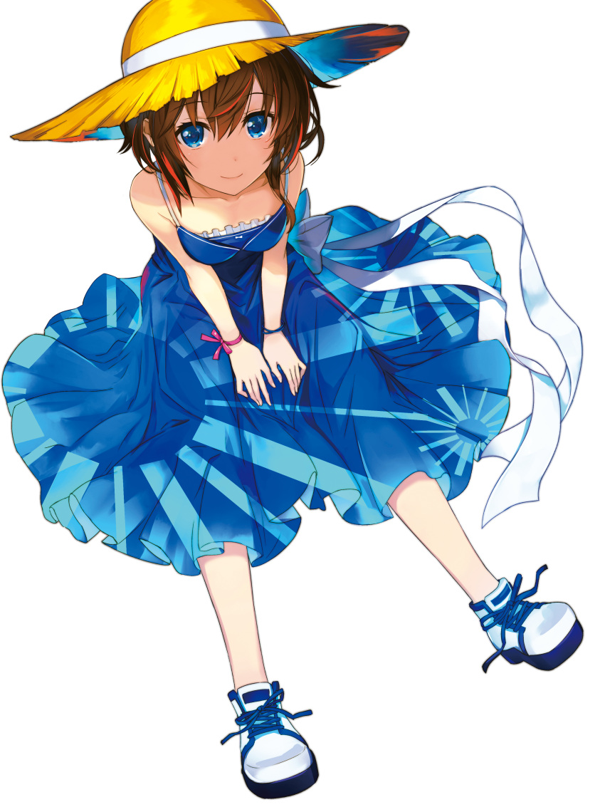 1girl absurdres amagai_tarou blue_dress blue_eyes bow breasts brown_hair collarbone dress flag_print from_above hair_between_eyes hat hat_ribbon highres japanese_flag looking_at_viewer looking_up medium_breasts original ribbon shoes short_hair simple_background sitting sleeveless sleeveless_dress smile sneakers solo sun_hat unmoving_pattern white_background white_bow white_footwear white_ribbon yellow_headwear