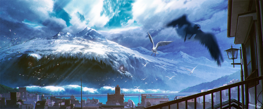 animal bird blue_sky cityscape clouds cloudy_sky commentary_request day giant_monster kaijuu lamppost mocha_(cotton) motion_blur mountain no_humans original outdoors railing scenery signature sky water wavy_mouth window
