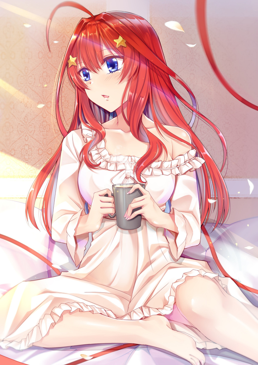 1girl absurdres ahoge barefoot blue_eyes breasts coffee coffee_mug commentary_request cup fingernails go-toubun_no_hanayome gu_li hair_ornament highres holding holding_cup large_breasts long_hair mug nail_polish nakano_itsuki nightgown open_mouth pillow pink_nails redhead sitting solo star star_hair_ornament symbol_commentary