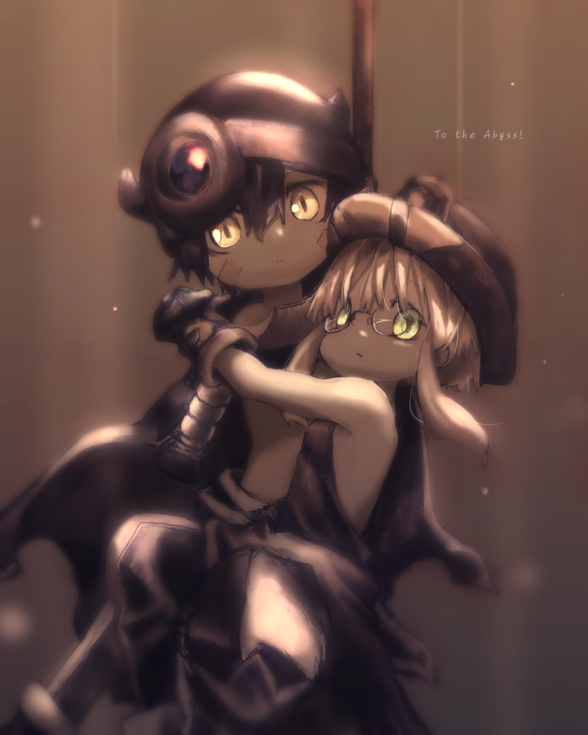 1boy 1girl arm_up bangs bare_shoulders black_cape black_gloves black_pants blonde_hair breasts brown_background brown_hair brown_theme cape closed_mouth dangling english_text facial_mark fake_horns feet_out_of_frame glasses gloves green_eyes hair_between_eyes halterneck helmet highres horned_helmet horns hug light_particles long_hair looking_at_viewer made_in_abyss marudoll mechanical_arms outstretched_arm pants regu_(made_in_abyss) riko_(made_in_abyss) short_hair short_hair_with_long_locks small_breasts sunlight topless_male yellow_eyes