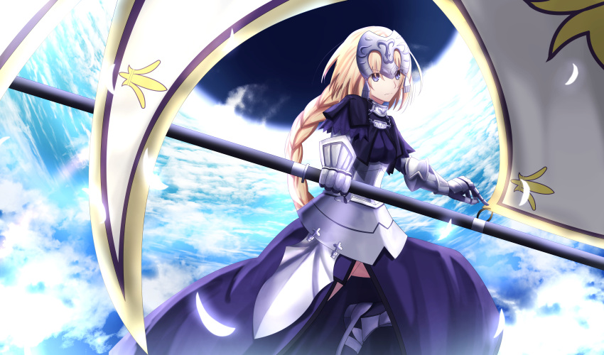 1girl absurdres armor armored_dress banner blonde_hair braid breasts chain fate/grand_order fate_(series) foreshortening headpiece highres jeanne_d'arc_(fate) jeanne_d'arc_(fate)_(all) looking_at_viewer medium_breasts outstretched_arms polearm single_braid solo standard_bearer standing standing_on_one_leg thighs tsugikineko weapon
