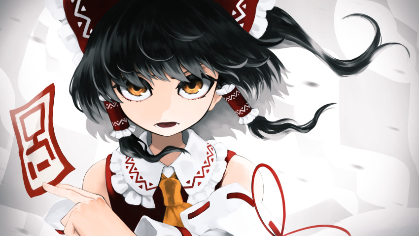 1girl absurdres between_fingers black_hair bow commentary_request detached_sleeves hair_bow hair_tubes hakurei_reimu hand_up highres lithiumrider long_hair looking_at_viewer nontraditional_miko ofuda open_mouth ponytail red_bow red_shirt shirt solo touhou upper_body white_background wind yellow_eyes yellow_neckwear