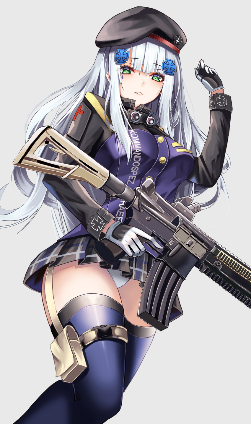 1girl absurdres assault_rifle belt_pouch beret black_headwear black_skirt blue_legwear breasts cross_hair_ornament cup6542 facial_mark girls_frontline gloves green_eyes gun h&amp;k_hk416 hair_ornament hand_up hat highres hk416_(girls_frontline) holding holding_gun holding_weapon jacket leg_belt long_hair long_sleeves looking_at_viewer medium_breasts miniskirt object_namesake panties parted_lips pleated_skirt pouch purple_jacket rifle skirt solo thigh-highs trigger_discipline underwear weapon white_background white_gloves white_hair white_panties