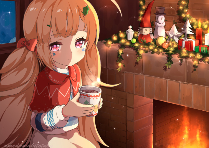 1girl ame. artist_name azur_lane blonde_hair blush bow box brown_skirt burning candle capelet christmas closed_mouth commentary_request cup eldridge_(azur_lane) facial_mark fire fireplace gift gift_box hair_bow hair_ornament hairclip holding holding_cup indoors long_hair long_sleeves low_twintails mug night red_bow red_capelet red_eyes shirt sidelocks signature sitting skirt smile solo star steam twintails very_long_hair white_shirt window