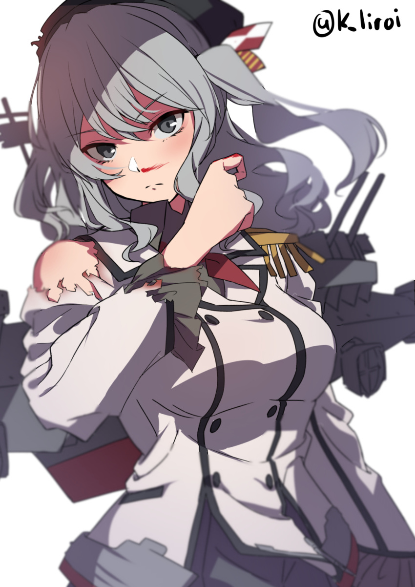 1girl beret blood blush breasts buttons epaulettes grey_eyes hat highres jacket kagari_leroy kantai_collection kashima_(kantai_collection) large_breasts long_hair long_sleeves looking_at_viewer military military_jacket military_uniform neckerchief red_neckwear sidelocks silver_hair simple_background solo torn_jacket turret twintails uniform wavy_hair white_background white_jacket
