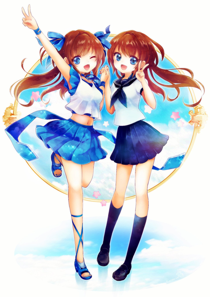 2girls :d ;d aozora_haruka_(sorano_kakera) arm_up bangs black_footwear black_legwear black_neckwear black_skirt blouse blue_eyes blue_footwear blue_ribbon blue_skirt blue_sky brown_hair camisole clouds cloudy_sky commentary_request day dual_persona hair_ribbon highres holding_hands kosame_koori layered_clothing leg_up loafers long_hair looking_at_viewer midriff miniskirt multiple_girls neckerchief one_eye_closed open_mouth pleated_skirt ribbon sandals school_uniform serafuku shirt shoes short_sleeves skirt sky smile socks sorano_kakera sparkle standing standing_on_one_leg v virtual_youtuber white_blouse white_shirt wind wristband