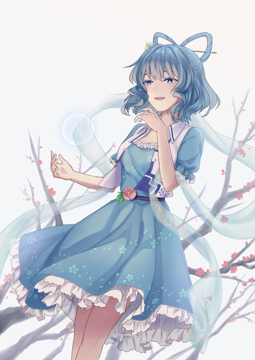 1girl blue_dress blue_eyes blue_hair chaoyu_(scrjx) cherry_blossom_print dress drill_hair flower frilled_skirt frilled_sleeves frills hair_ornament hair_rings hair_stick hand_up highres kaku_seiga orb pink_flower puffy_short_sleeves puffy_sleeves short_hair short_sleeves skirt smile touhou tree veil vest white_background white_vest