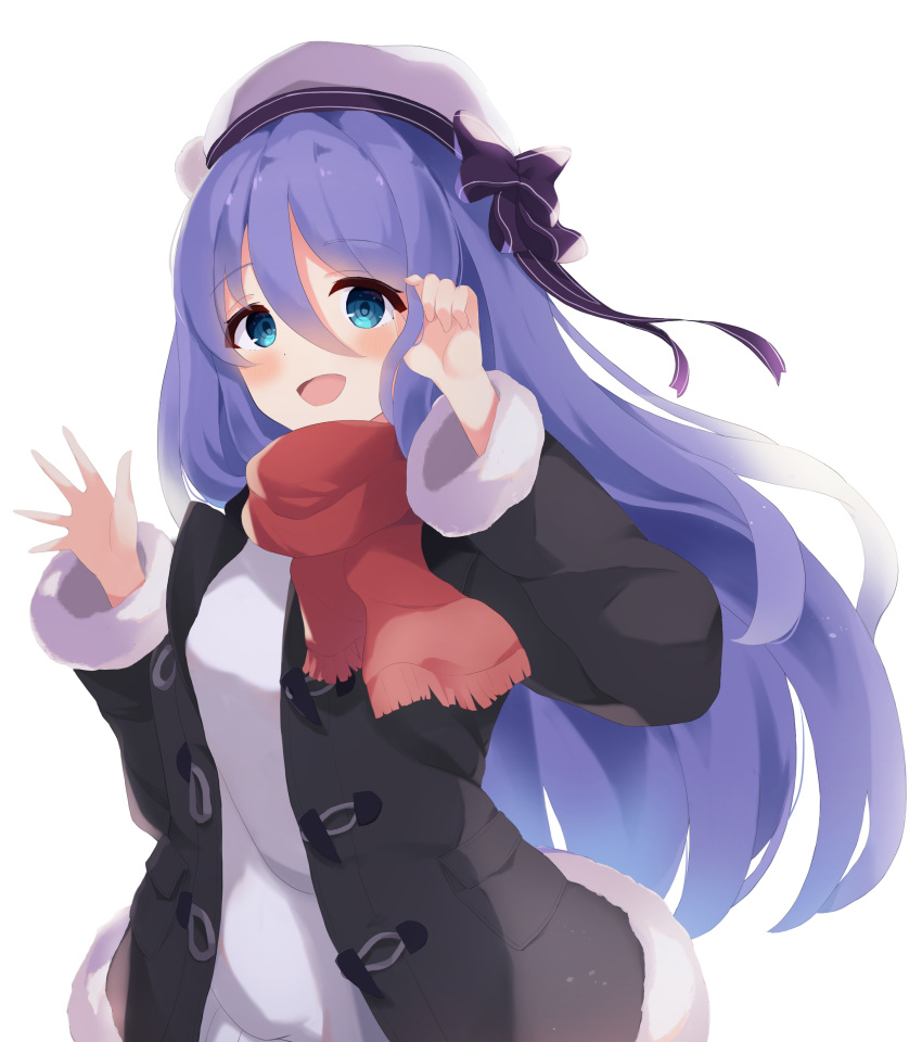 1girl :d absurdres bangs beret black_bow black_jacket blue_eyes blue_hair blush bow commentary_request eyebrows_visible_through_hair fringe_trim fur-trimmed_jacket fur-trimmed_sleeves fur_trim hair_between_eyes hands_up hat highres hoshino_shizuru jacket long_hair long_sleeves mizu_(lzzrwi603) open_clothes open_jacket open_mouth princess_connect! princess_connect!_re:dive red_scarf scarf simple_background smile solo sweater upper_body very_long_hair white_background white_headwear white_sweater