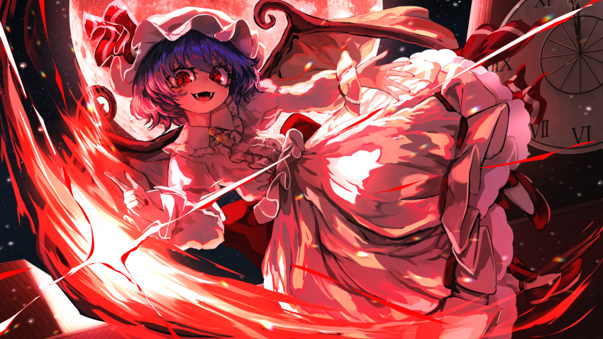 1girl back_bow bat_wings blue_hair bow clock clock_tower commentary_request dress fangs flying frills full_body hat hat_ribbon highres lithiumrider long_sleeves looking_at_viewer mob_cap moon night open_mouth outdoors pink_dress pink_headwear pointing red_bow red_eyes red_footwear red_moon red_nails red_ribbon remilia_scarlet ribbon scarlet_devil_mansion short_hair sky slit_pupils smile solo star_(sky) starry_sky touhou tower vampire white_legwear wings