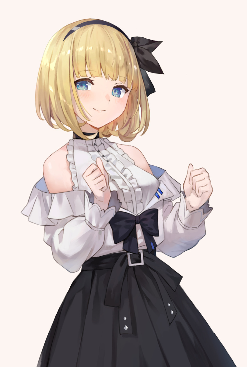 1girl bangs bare_shoulders black_bow black_hairband black_ribbon black_skirt blonde_hair blue_eyes blunt_bangs blush bow breasts center_frills closed_mouth commentary_request cowboy_shot eyebrows_visible_through_hair frilled_shirt frills hair_ribbon hairband highres kobuta long_sleeves open_clothes open_shirt original ribbon shirt short_hair simple_background skirt smile solo white_background