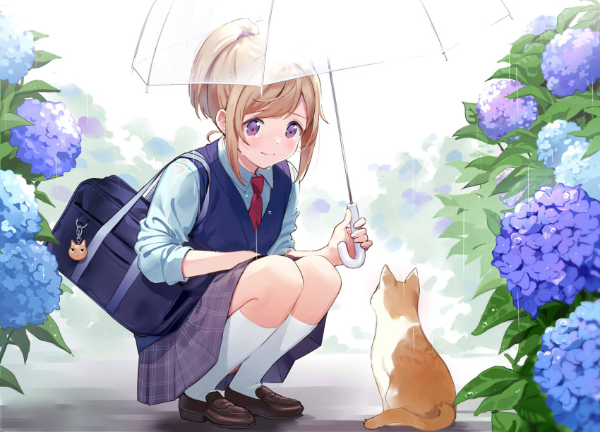 1girl animal bag bag_charm bangs blonde_hair blue_shirt blush brown_eyes cat charm_(object) closed_mouth collared_shirt crying crying_with_eyes_open day flower full_body highres holding holding_umbrella hydrangea kneehighs loafers long_sleeves miniskirt necktie original outdoors plaid plaid_skirt purple_skirt rain red_neckwear school_bag shirt shoes short_hair short_ponytail sidelocks skirt solo sweater_vest swept_bangs tears transparent transparent_umbrella umbrella urata_asao violet_eyes white_legwear