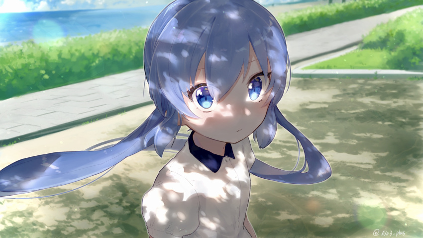 1girl blue_eyes blue_hair blue_sky closed_mouth clouds cloudy_sky dappled_sunlight expressionless grass highres lens_flare light_blush long_hair looking_at_viewer n03+ ocean otomachi_una outdoors puffy_short_sleeves puffy_sleeves shirt short_sleeves sky solo sunlight twintails upper_body very_long_hair vocaloid white_shirt