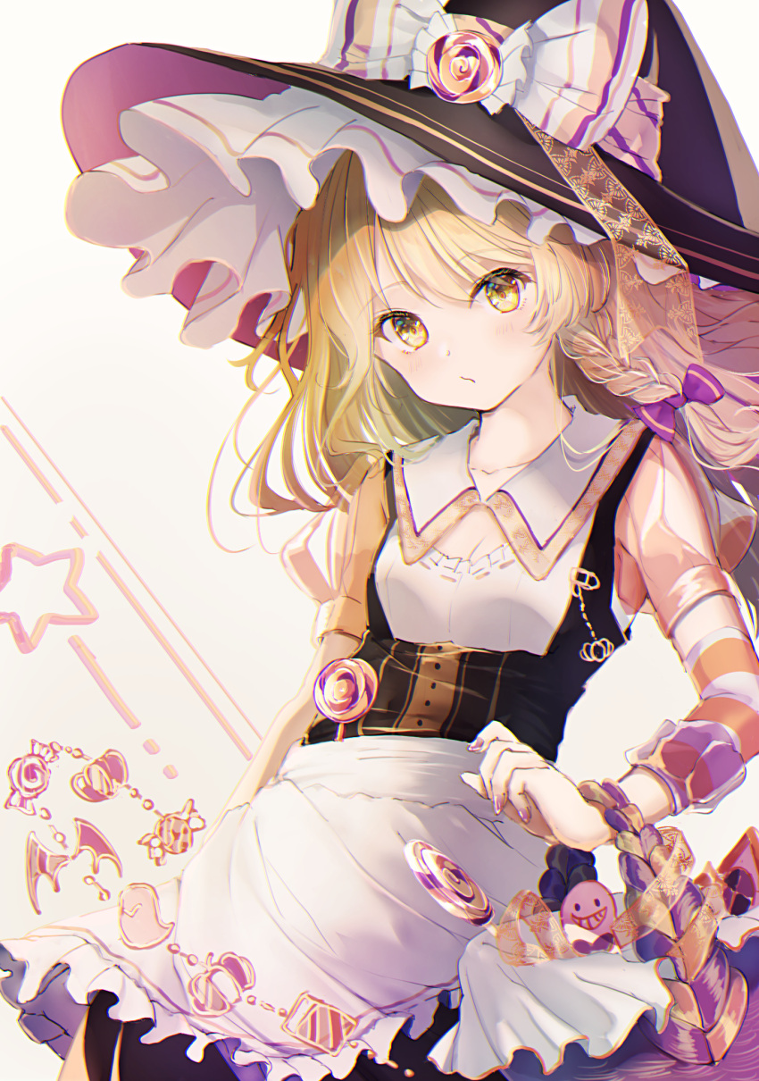 1girl apron armpits bag bare_shoulders bat black_dress blonde_hair bow braid buttons candy cowboy_shot dress food ghost hair_ribbon halloween halloween_costume happiness_lilys hat hat_bow highres kirisame_marisa looking_at_viewer nail_polish pumpkin ribbon short_sleeves single_braid solo star touhou waist_apron white_background white_bow witch_hat yellow_eyes