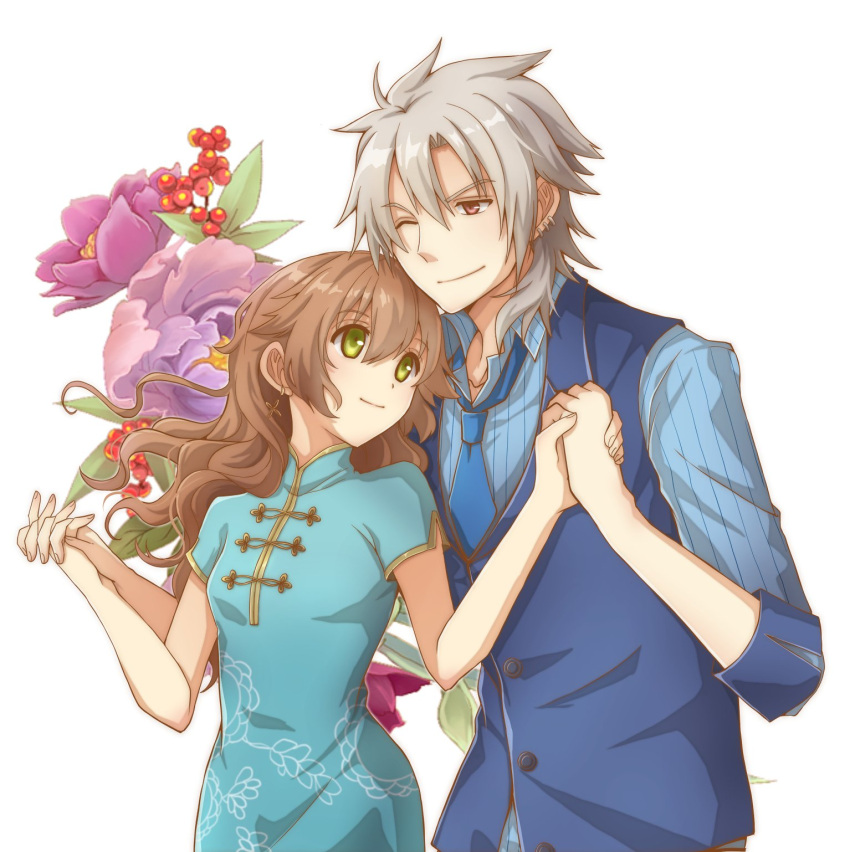 1boy 1girl ;) aono_(aonocrotowa) blue_dress blue_neckwear blue_shirt brown_eyes brown_hair china_dress chinese_clothes closed_mouth collarbone collared_shirt crow_armbrust dress eiyuu_densetsu flower green_eyes highres holding_hands interlocked_fingers long_hair necktie one_eye_closed print_dress sen_no_kiseki shirt short_sleeves silver_hair simple_background smile standing striped striped_shirt towa_herschel vertical-striped_shirt vertical_stripes very_long_hair white_background wing_collar