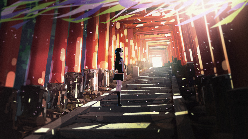 1girl bag black_hair blue_sailor_collar blue_skirt commentary_request falling_petals from_behind highres long_hair long_sleeves oni oni_horns original sailor_collar scenery school_bag school_uniform skirt solo someya_mai stairs standing stone_stairs straight_hair torii