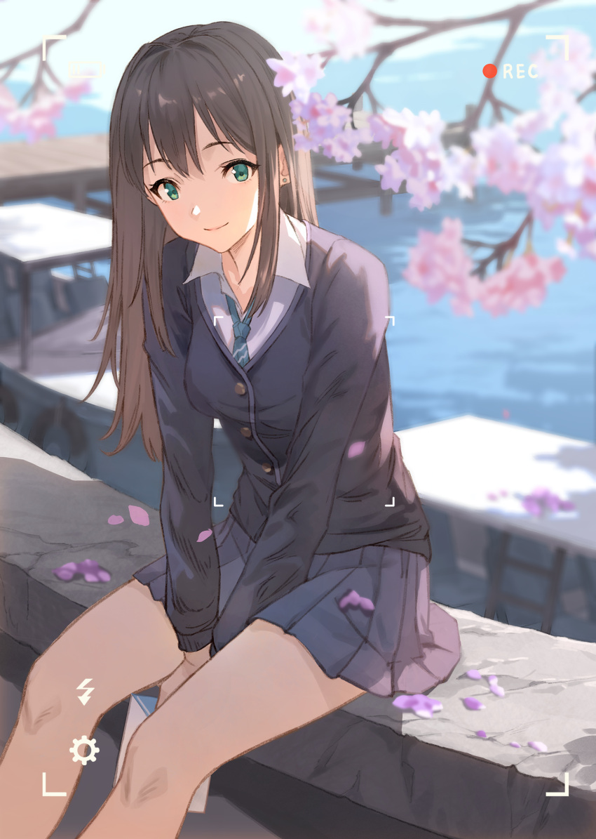 1girl arms_between_legs black_cardigan black_skirt blurry blurry_background brown_hair buttons cardigan cherry_blossoms closed_mouth collared_shirt commentary cowboy_shot depth_of_field earrings envelope eyelashes flower gawain_(artist) green_eyes green_neckwear head_tilt highres holding holding_envelope idolmaster idolmaster_cinderella_girls jewelry long_hair long_sleeves looking_at_viewer miniskirt necktie open_clothes open_shirt petals pier pleated_skirt recording shibuya_rin shiny shiny_hair shirt sidelocks sitting skirt smile solo striped striped_neckwear table viewfinder water white_shirt