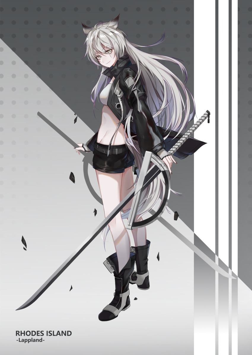 1girl animal_ears arknights bandeau bare_legs belt black_belt black_footwear black_jacket black_nails black_shorts boots breasts character_name chinese_commentary commentary_request dual_wielding fingerless_gloves gloves grey_background grey_eyes groin gugugu_lu head_tilt highres holding holding_sword holding_weapon jacket katana lappland_(arknights) long_hair long_sleeves looking_at_viewer medium_breasts midriff nail_polish open_clothes open_jacket scar scar_across_eye short_shorts shorts silver_hair smile solo strapless sword thighs tubetop very_long_hair weapon wolf_ears