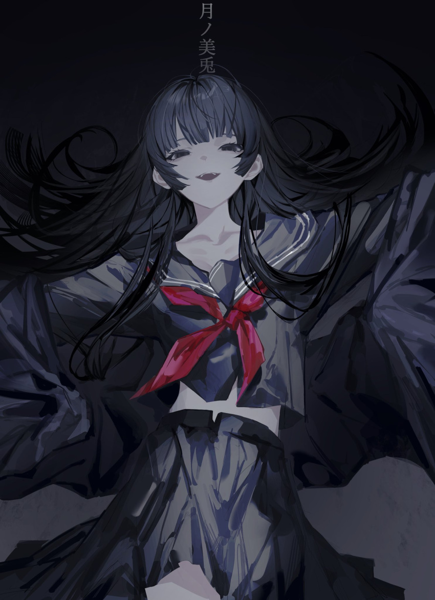 1girl bangs black_eyes black_hair black_jacket black_shirt black_skirt blunt_bangs blunt_ends character_name collarbone colored_skin empty_eyes floating_hair gradient gradient_background half-closed_eyes highres hime_cut jacket long_hair long_sleeves looking_at_viewer midriff_peek neckerchief nijisanji official_alternate_costume open_mouth outstretched_arms pleated_skirt red_neckerchief sailor_collar school_uniform shirt sidelocks skirt smile solo suimin_(sui_0y0) tsukino_mito virtual_youtuber white_skin
