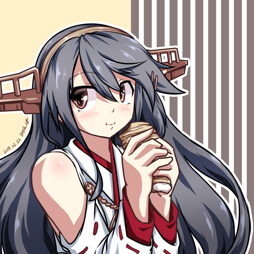 1girl 547th_sy absurdres artist_name black_hair commentary_request dated detached_sleeves eating food hairband haruna_(kantai_collection) headgear highres japanese_clothes kantai_collection long_hair ribbon-trimmed_sleeves ribbon_trim solo striped striped_background upper_body