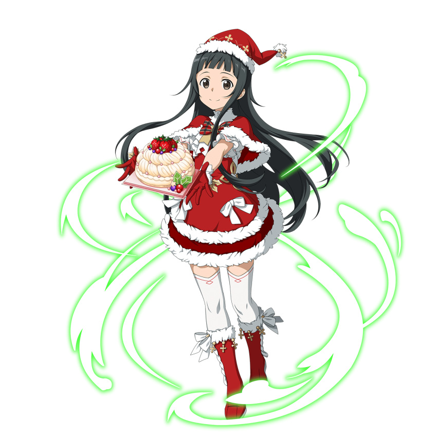 1girl bangs black_eyes black_hair blunt_bangs boots bow bowtie cake capelet closed_mouth dress floating_hair food full_body fur-trimmed_boots fur-trimmed_capelet fur-trimmed_dress fur-trimmed_hat fur_trim gloves hat highres holding holding_plate layered_dress long_hair official_art outstretched_arms plaid_neckwear plate red_bow red_capelet red_dress red_footwear red_gloves red_headwear red_neckwear santa_costume santa_hat short_dress smile solo standing sword_art_online thigh-highs transparent_background very_long_hair white_bow white_legwear yui_(sao) zettai_ryouiki