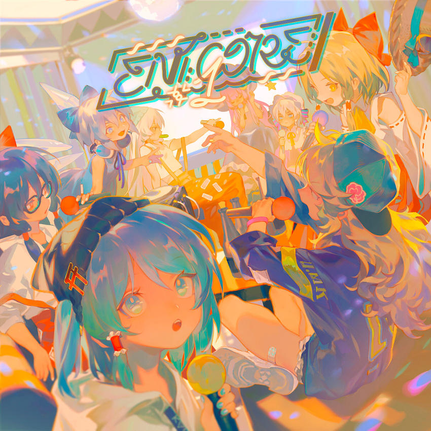 6+girls aqua_eyes aqua_nails backwards_hat bangs beanie blonde_hair blue_bow blue_eyes blue_hair bow character_request cirno closed_eyes detached_sleeves disco_ball fujiwara_no_mokou grey_hair hair_between_eyes hair_bow hair_tubes hat hat_pin hat_ribbon headphones highres holding holding_hat long_hair long_sleeves looking_at_viewer medium_hair microphone multiple_girls open_mouth patchouli_knowledge purple_hair red_bow red_eyes rei_(sanbonzakura) ribbon ribbon_trim shoes short_hair_with_long_locks short_sleeves sitting sleeveless suspenders touhou white_hair yellow_eyes