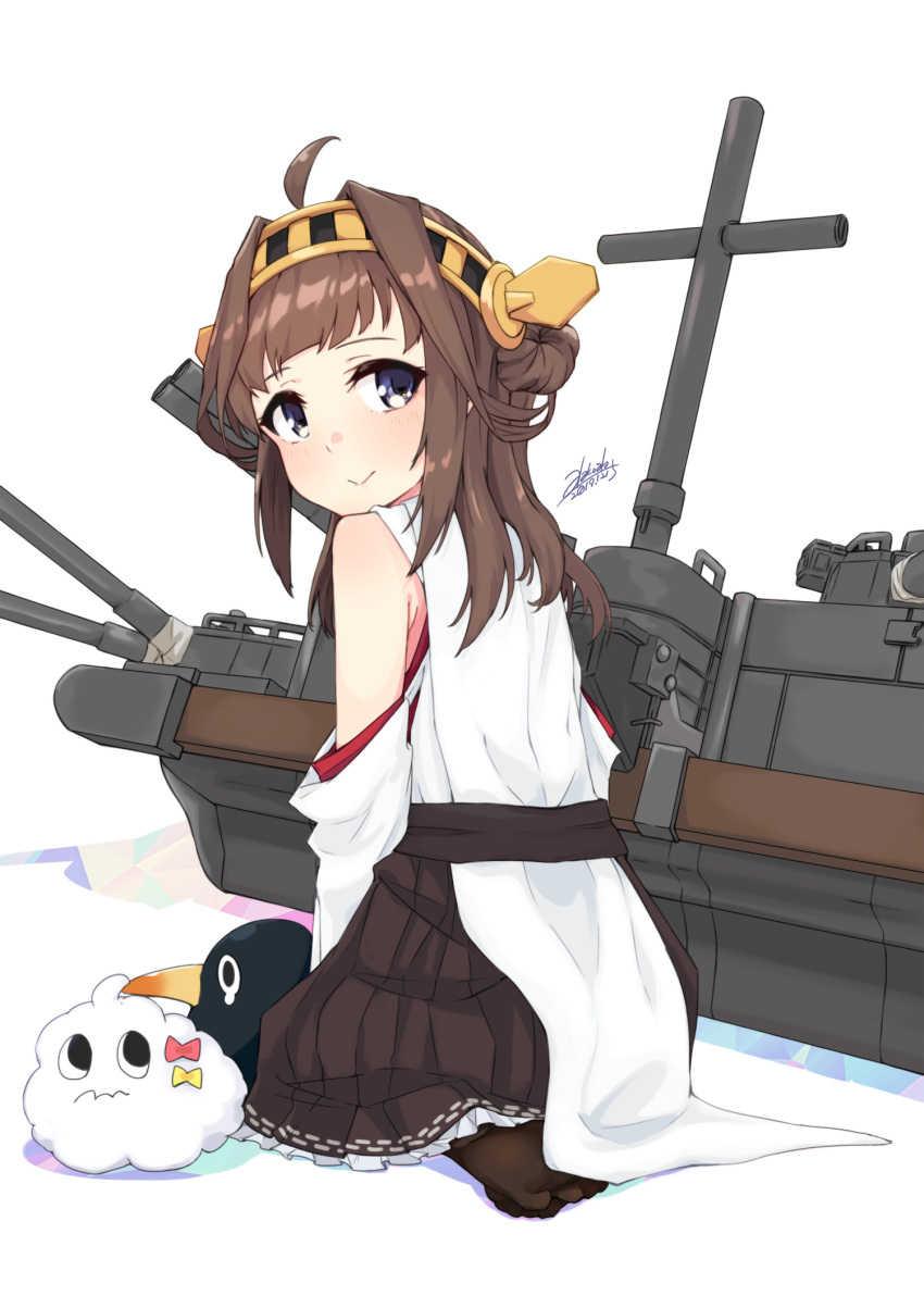 1girl :&gt; ahoge alakoala bare_shoulders black_legwear black_skirt blush brown_hair dated detached_sleeves double_bun failure_penguin hairband headgear highres japanese_clothes kantai_collection kongou_(kantai_collection) long_hair machinery miss_cloud nontraditional_miko pleated_skirt signature skirt smile solo thigh-highs turret violet_eyes white_background younger