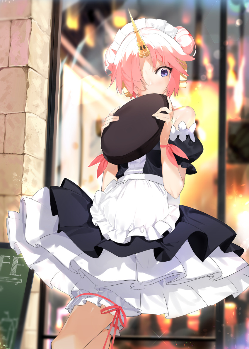 1girl absurdres aida_(chinhung0612) alternate_costume apron bangs bare_shoulders black_dress blue_eyes blush breasts double_bun dress enmaided fate/apocrypha fate/grand_order fate_(series) frankenstein's_monster_(fate) frilled_apron frills hair_over_one_eye highres horn looking_at_viewer maid maid_headdress pink_hair pink_ribbon puffy_short_sleeves puffy_sleeves ribbon short_hair short_sleeves solo thighs tray waist_apron white_apron white_bloomers