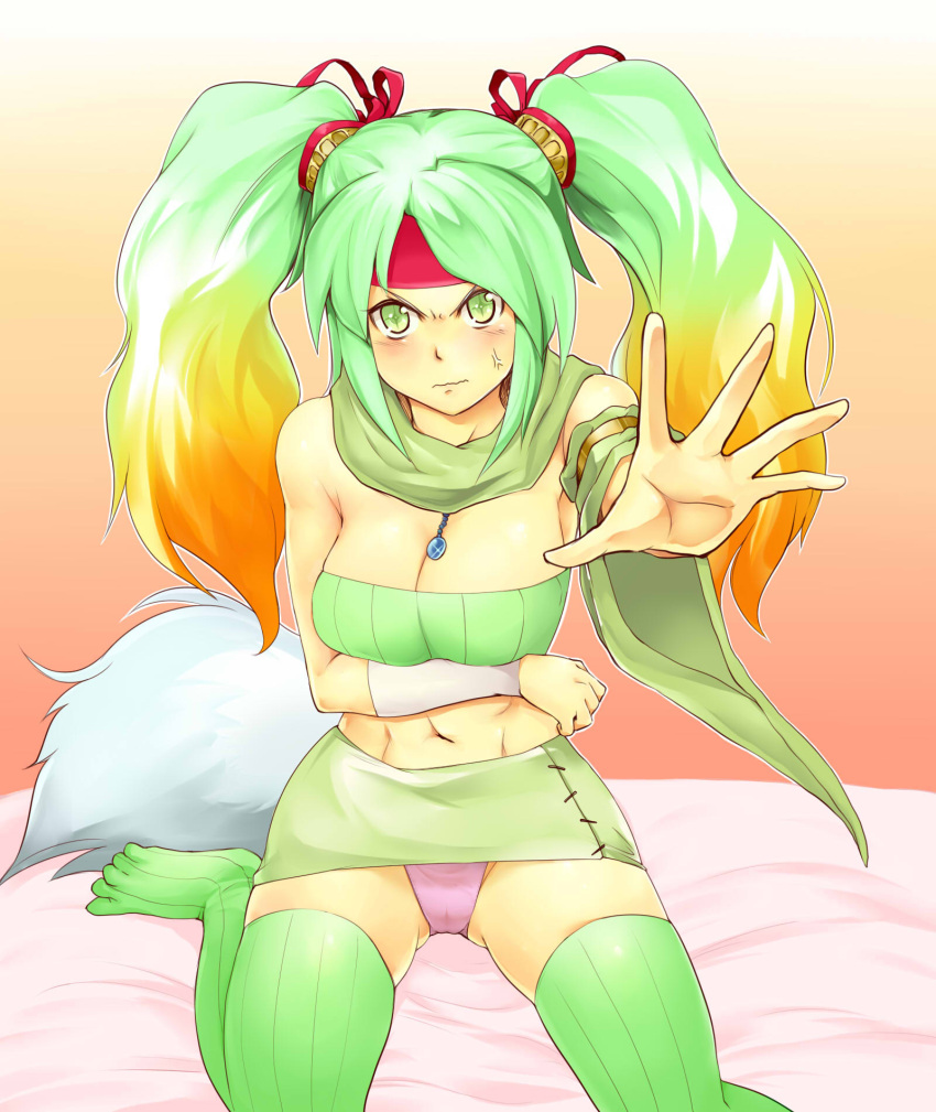1girl abs anger_vein angry armlet bare_shoulders blush breast_hold breasts commentary_request detached_sleeves duel_monster fur gradient gradient_background gradient_hair green_eyes green_hair green_skirt hair_ribbon hairband highres long_hair looking_at_viewer medium_breasts midriff miniskirt multicolored_hair nasuka@hiyokko navel no_shoes on_bed orange_background orange_hair outstretched_arm panties pantyshot pantyshot_(sitting) parted_hair pink_panties red_headwear reeze_whirlwind_of_gusto ribbon scarf single_detached_sleeve sitting skirt solo strapless symbol-shaped_pupils thigh-highs tubetop twintails underwear wariza wavy_mouth wide_sleeves yuu-gi-ou zettai_ryouiki