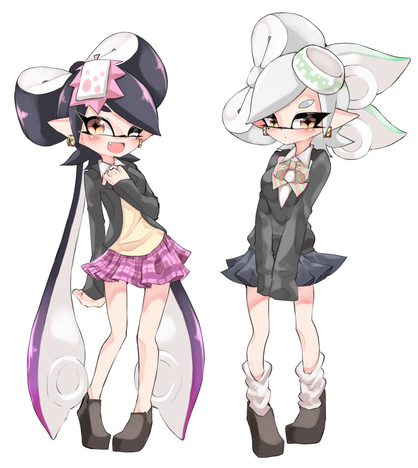 +_+ 2girls ;d alternate_costume aori_(splatoon) black_footwear black_hair black_jacket black_skirt black_sweater blazer bow bowtie brown_eyes closed_mouth commentary cousins diagonal-striped_neckwear diagonal_stripes domino_mask dress_shirt food food_on_head gradient_hair green_hair green_neckwear grey_hair half-closed_eyes hand_on_own_chest highres hotaru_(splatoon) jacket loafers long_hair long_sleeves looking_at_viewer loose_socks mask medium_hair miniskirt mole mole_under_eye multicolored_hair multicolored_neckwear multiple_girls no_socks object_on_head one_eye_closed open_clothes open_jacket open_mouth pink_neckwear pink_skirt plaid plaid_skirt pleated_skirt pointy_ears purple_hair school_uniform shirt shoes side-by-side simple_background skirt sleeves_past_fingers sleeves_past_wrists smile splatoon_(series) standing striped striped_neckwear sukeo_(nunswa08) sushi sweater tentacle_hair v-neck very_long_hair white_background white_legwear white_shirt wing_collar yellow_sweater