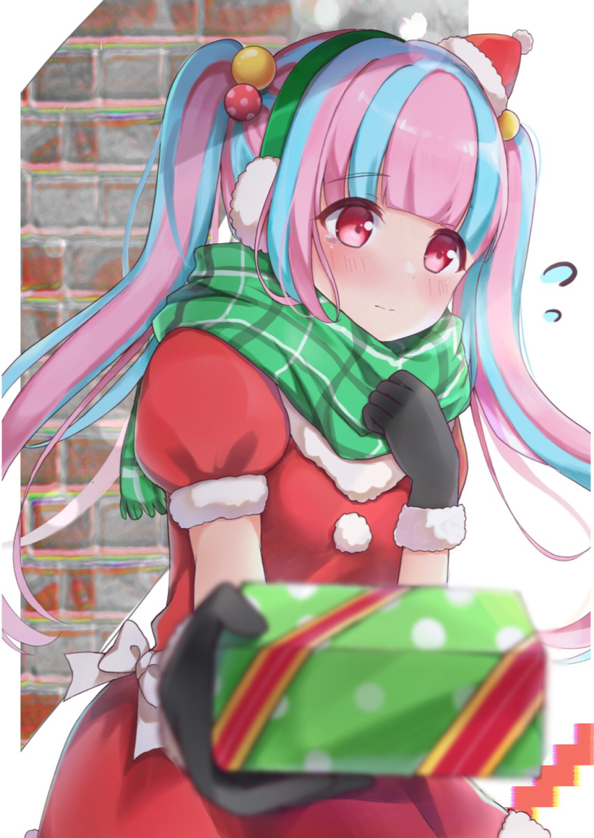 1girl bang_dream! bangs black_gloves blue_hair blunt_bangs blush bow box brick_wall christmas closed_mouth commentary damu_(7spoil) earmuffs eyebrows_visible_through_hair flustered fringe_trim gift gift_box gloves green_scarf hair_bobbles hair_ornament hand_up hat highres holding holding_gift incoming_gift long_hair looking_away multicolored_hair outstretched_arm pareo_(bang_dream!) pink_hair plaid plaid_scarf puffy_short_sleeves puffy_sleeves red_eyes santa_costume santa_hat scarf short_sleeves sidelocks solo tareme twintails two-tone_hair