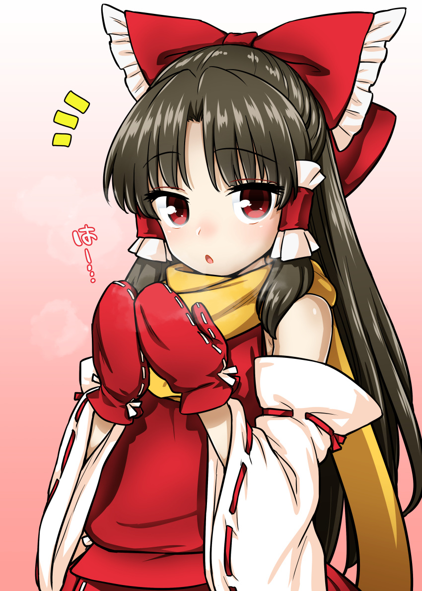 1girl absurdres bangs bare_shoulders black_hair bow breath breathing_on_hands cold detached_sleeves frilled_bow frills gradient gradient_background hair_bow hair_tubes hakurei_reimu highres itou_yuuji long_hair looking_at_viewer mittens nontraditional_miko red_eyes scarf sidelocks simple_background solo touhou yellow_neckwear
