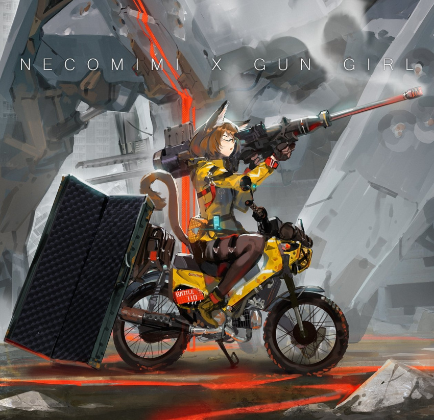 1girl animal_ears boots cat_ears glasses ground_vehicle highres jacket motor_vehicle motorcycle nekomusume on_motorcycle original science_fiction tommy830219 weapon