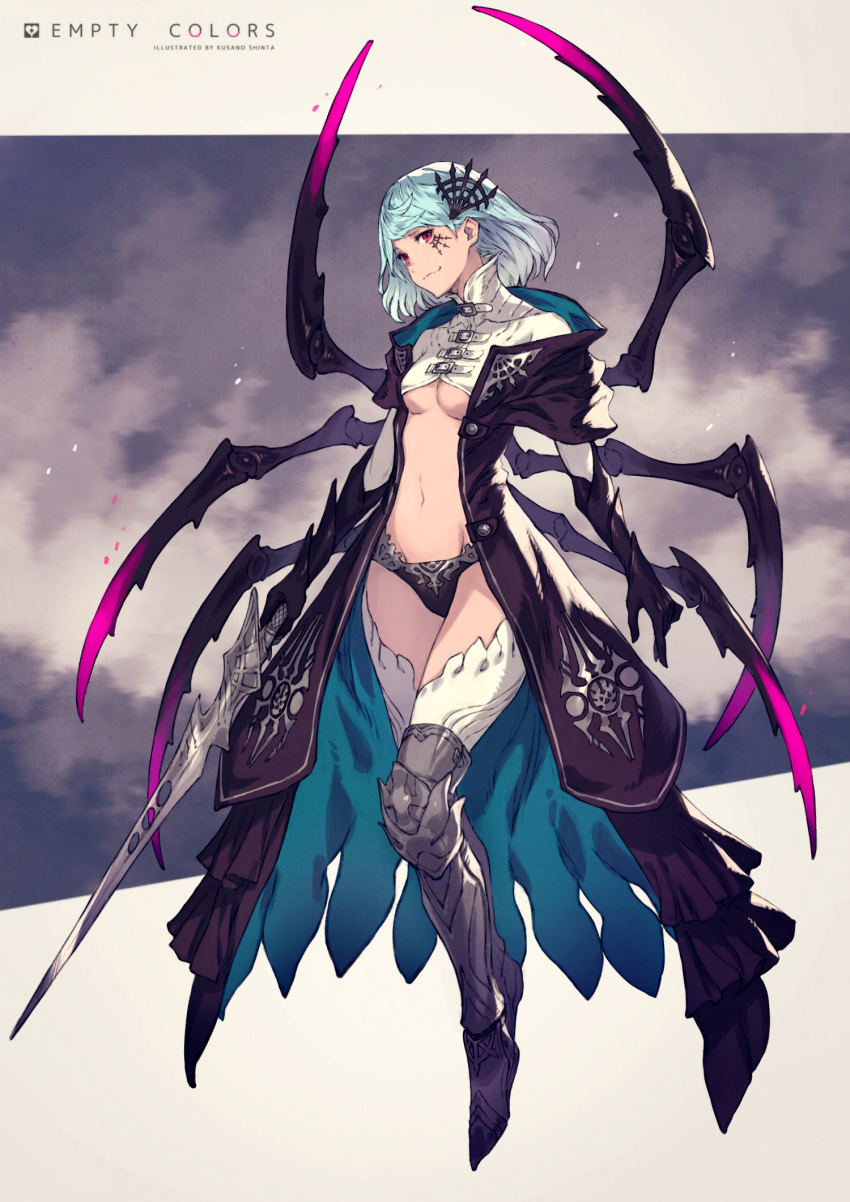 1girl armor belt black_coat breasts closed_eyes coat facial_tattoo gradient gradient_hair greaves highres holding holding_sword holding_weapon insect_girl kusano_shinta medium_hair multicolored_hair original red_eyes smile solo spider_girl spider_legs sword tattoo turtleneck under_boob weapon