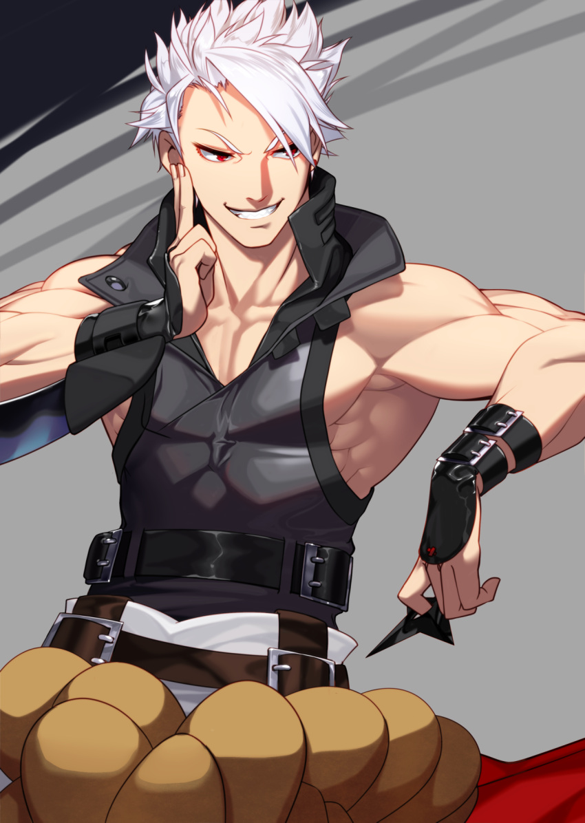 1boy abs akisa_(12023648) belt black_shirt brown_belt chipp_zanuff fingerless_gloves gloves grey_background grin guilty_gear guilty_gear_strive highres holding holding_weapon male_focus pants red_eyes shirt shuriken simple_background sleeveless smile solo weapon white_hair white_pants