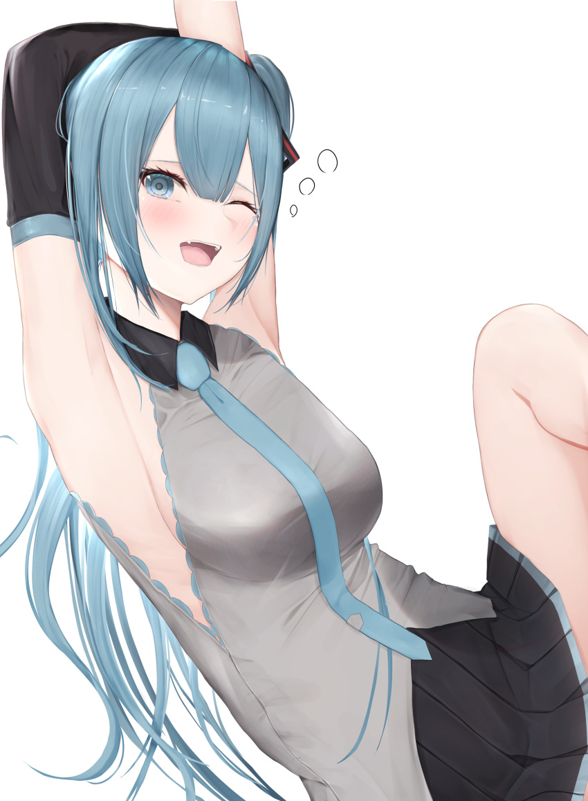 1girl absurdres aqua_eyes aqua_hair aqua_neckwear armpits arms_up bangs black_skirt breasts hair_between_eyes hatsune_miku highres knee_up long_hair looking_at_viewer medium_breasts necktie one_eye_closed open_mouth pleated_skirt ringed_eyes sidelocks simple_background skirt sleeveless solo stretch teeth tongue twintails user_yexh7882 very_long_hair vest vocaloid white_background yawning