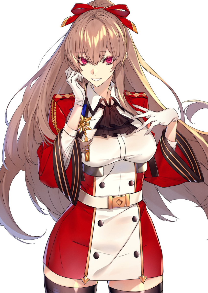 1girl azur_lane bangs breasts brown_hair floating_hair gloves hachizowo hair_between_eyes hair_ribbon highres large_breasts long_hair long_sleeves looking_at_viewer medal mole mole_under_mouth parted_lips ponytail red_eyes ribbon sidelocks simple_background smile solo swiftsure_(azur_lane) teeth thigh-highs very_long_hair white_background white_gloves