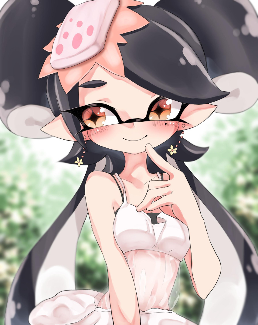 +_+ 1girl aori_(splatoon) black_bra black_hair blurry blurry_background blush bra bra_strap brown_eyes closed_mouth commentary depth_of_field domino_mask dress earrings food food_on_head highres jewelry long_hair looking_at_viewer mask mole mole_under_eye navel object_on_head pointing pointing_at_self pointy_ears see-through smile solo spaghetti_strap splatoon_(series) sukeo_(nunswa08) sushi tentacle_hair underwear upper_body very_long_hair white_dress