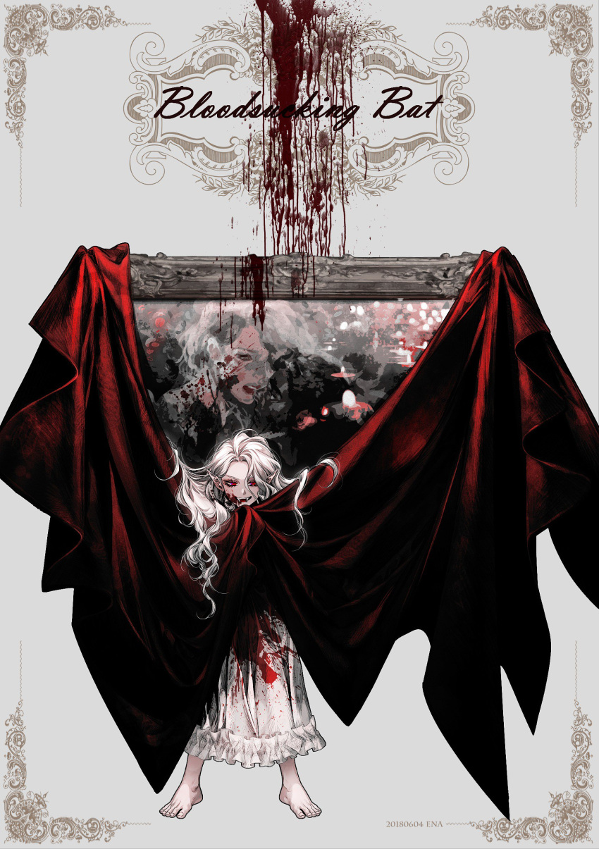 1girl absurdres barefoot blood blood_on_face blood_splatter bloody_clothes dress dripping enaa fang highres long_hair open_mouth original painting_(object) pointy_ears red_eyes solo standing vampire white_dress white_hair