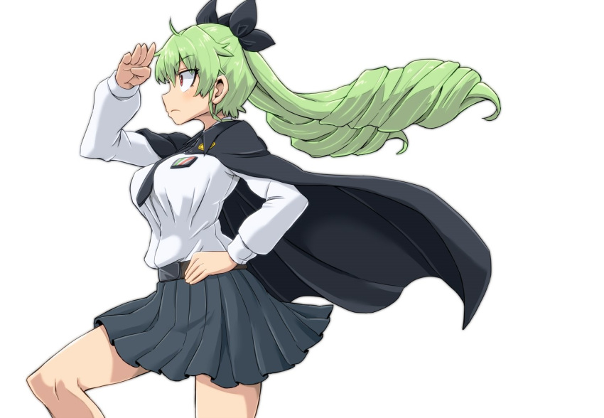 1girl anchovy anzio_school_uniform aono3 bangs belt black_belt black_cape black_neckwear black_ribbon black_skirt cape closed_mouth commentary cowboy_shot dress_shirt drill_hair emblem eyebrows_visible_through_hair foot_up frown girls_und_panzer green_hair hair_ribbon hand_on_hip long_hair long_sleeves looking_to_the_side miniskirt necktie no_legwear pleated_skirt red_eyes ribbon school_uniform shading_eyes shirt simple_background skirt solo standing twin_drills twintails white_background white_shirt wind