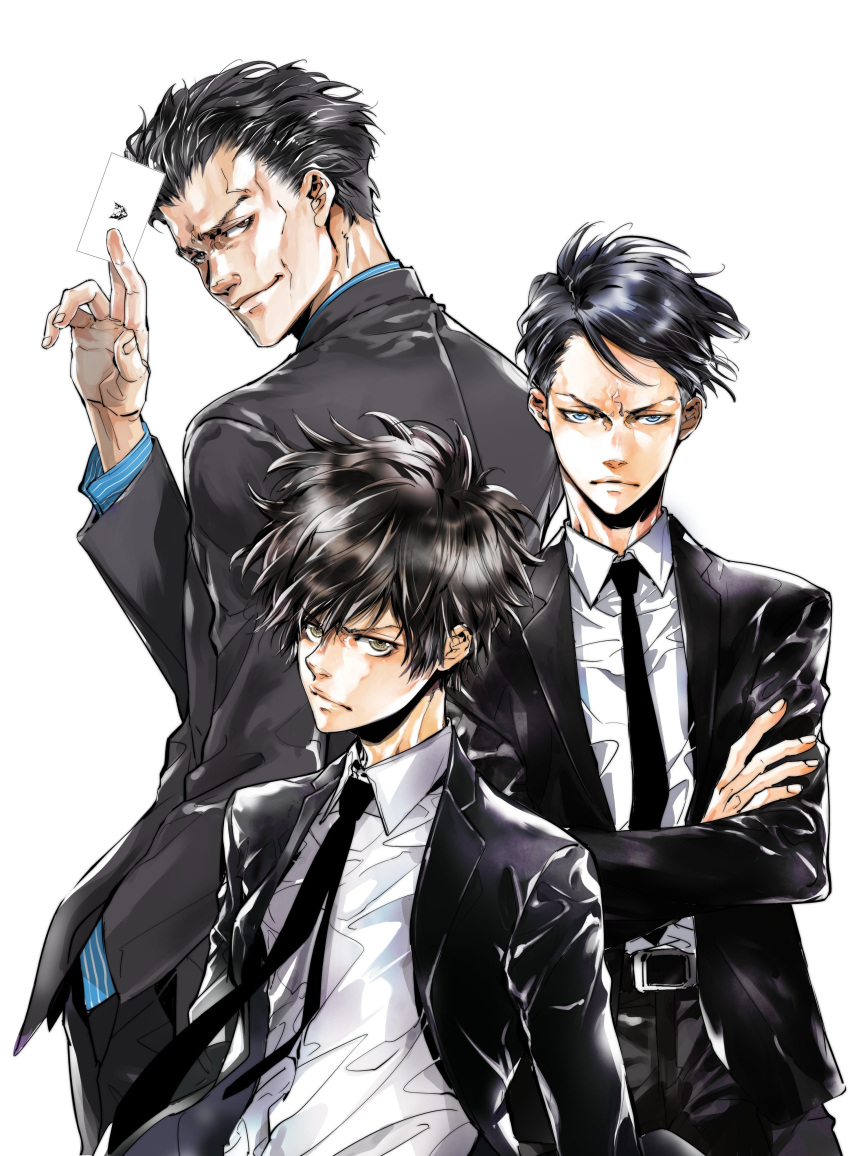 3boys absurdres amano_akira belt black_hair black_neckwear black_suit blue_eyes blue_shirt brown_eyes card character_request commentary_request formal highres key_visual looking_at_viewer multiple_boys necktie official_art psycho-pass shirt short_hair suit white_background white_shirt yellow_eyes