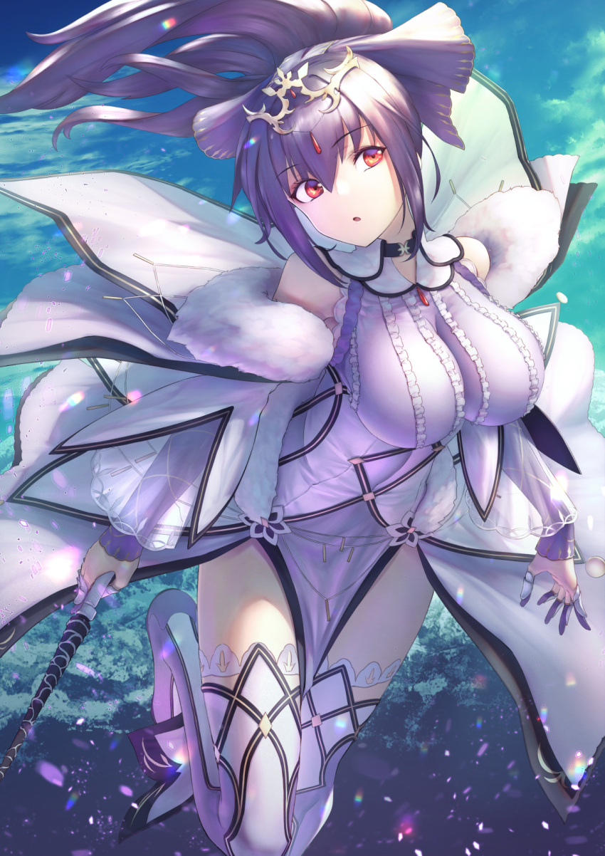 1girl bangs bare_thighs blue_sky blush boots breasts dress fate/grand_order fate_(series) fur-trimmed_dress fur_trim hair_between_eyes hair_ribbon headpiece highres holding holding_wand itaco1987 large_breasts long_hair looking_at_viewer looking_to_the_side open_mouth ponytail purple_dress purple_hair purple_ribbon red_eyes ribbon runes scathach_(fate)_(all) scathach_skadi_(fate/grand_order) sky solo thigh-highs thigh_boots tiara wand