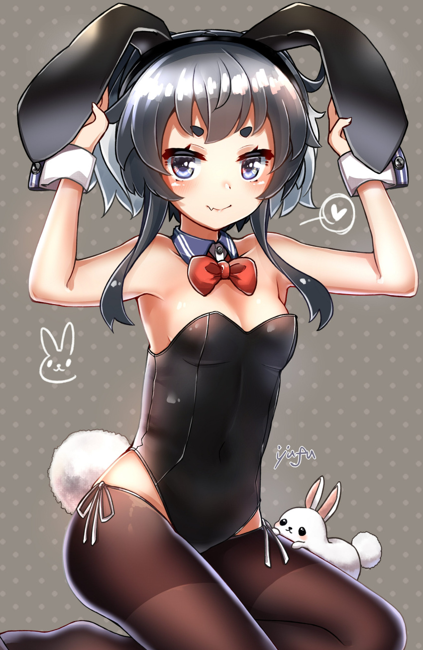 1girl 1other absurdres adapted_costume animal_ears artist_name black_hair black_legwear black_leotard bow bowtie brown_eyes bunny_tail bunnysuit detached_collar grey_background highres kantai_collection leotard looking_at_viewer lowleg_pantyhose pantyhose polka_dot polka_dot_background rabbit rabbit_ears red_neckwear short_hair short_hair_with_long_locks sidelocks sile strapless strapless_leotard tail thighband_pantyhose tokitsukaze_(kantai_collection) wavy_mouth wrist_cuffs yufuissei0702